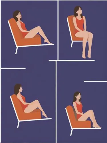 Create a body study of this girl in the style of a comic page with 4 pictures: 1. (left) close-up, 2. sitting, 3. standing (right) and 4. (below) lying on a chaise longue.,a woman sitting in a chair w