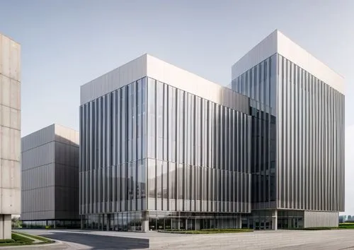 a low-rise office building, glass facade, white light inside, concrete structure inside, day illusion, facing the road, downtown, mir render,office buildings,metal cladding,glass facade,biotechnology 