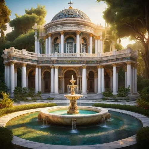 bahai,zappeion,glyptotek,marble palace,greek temple,garden of the fountain,janiculum,tropico,villa borghese,vittoriano,water palace,arcadia,palace garden,fountain of friendship of peoples,panagora,artemis temple,jardiniere,pallas athene fountain,fountain,civ,Illustration,Realistic Fantasy,Realistic Fantasy 33