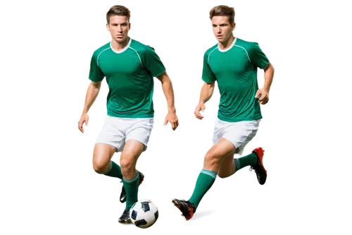 Male soccer player, athletic build, short hair, determined facial expression, sweaty skin, green jersey, white shorts, shin guards, cleats, running pose, kicking ball, stadium background, sunny day, d