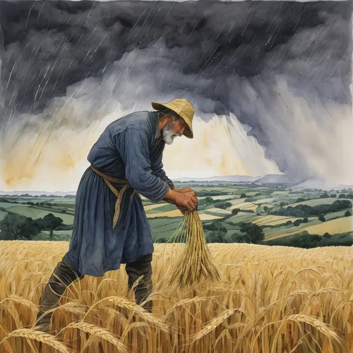 Depict a dramatic scene of a wheat grain farmer struggling to save his crops during a thunderstorm.,threshing,grain harvest,einkorn wheat,wheat crops,barley cultivation,strands of wheat,straw harvest,