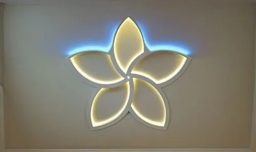 Gypsum decoration in the ceiling of a room with hidden LED lighting the ceiling,a lighted flower sitting on top of a white wall,wall light,eckankar,flavin,light sign,led lamp,wall lamp,Photography,Gen