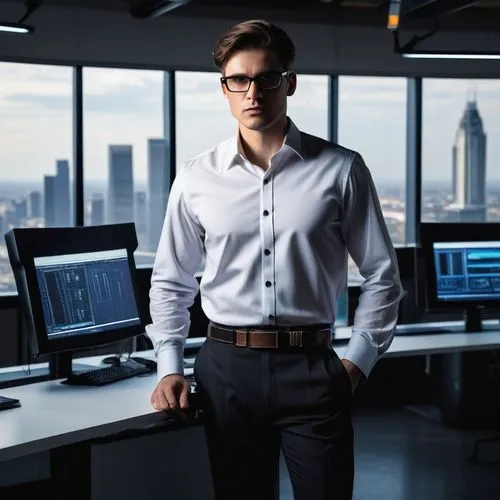 Modern male architect, 30s, clean-shaven, black glasses, short brown hair, white shirt, black tie, dark blue formal pants, leather belt, black dress shoes, standing, confident pose, futuristic laborat