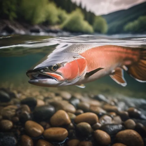 a fish flying low above some rocks under water,sockeye,fjord trout,kokanee,steelhead,wild salmon,salmon leaping