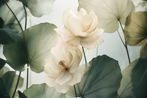 sheer fabric, leaves，sage and ivory color, warm lighting,lotus leaves,angel trumpet,lotus flowers,lotus leaf,angel's trumpet,floral digital background,lotuses,petals of perfection,paper flower backgro