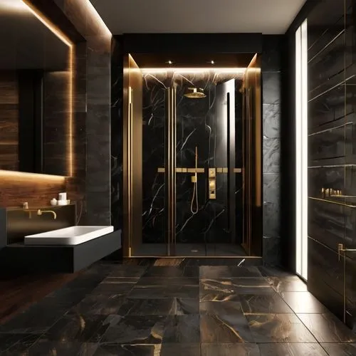 wood ,a bathroom has a black marble look and gold accents,luxury bathroom,3d rendering,modern minimalist bathroom,bath room,marazzi,metallic door,interior modern design,ensuite,luxury home interior,ba