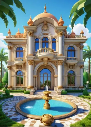 Renaissance-style villa, Leonardo da Vinci inspired architecture, grand entrance with ornate stone carvings, symmetrical facade, tall columns, arched windows, domed roof, intricate marble flooring, la