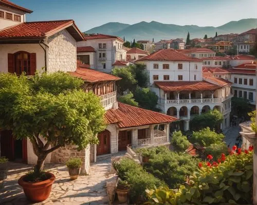 Albanian traditional house, stone walls, wooden doors, ornate ironworks, red-tiled roofs, white-washed exterior, Balkan-style windows, intricately carved wooden balconies, Mediterranean plants, cobble