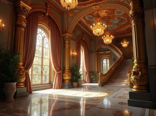 ornate room,hallway,entrance hall,ballroom,cochere,enfilade,staircase,grandeur,opulence,entranceway,opulent,entranceways,crown palace,opulently,foyer,chateau,mansion,hallway space,lobby,entryway,Photography,General,Realistic