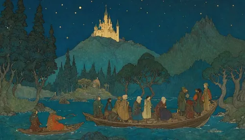 night scene,the night of kupala,pilgrims,khokhloma painting,the descent to the lake,pilgrimage,the pied piper of hamelin,magi,the spirit of the mountains,procession,vincent van gough,the people in the sea,the abbot of olib,regatta,canoeing,church painting,monks,boat landscape,the star of bethlehem,villagers,Illustration,Retro,Retro 17