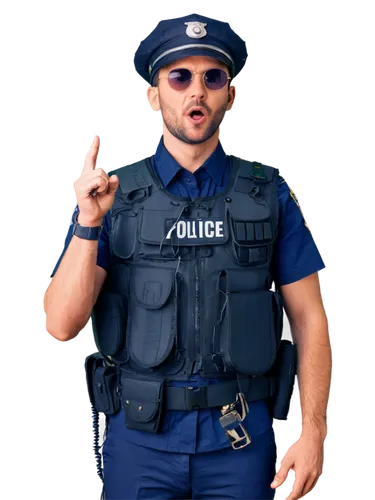 Police officer, singing, microphone, uniform, hat, sunglasses, serious expression, dynamic pose, loudspeaker, flashing lights, city street, afternoon sunlight, shallow depth of field, cinematic compos