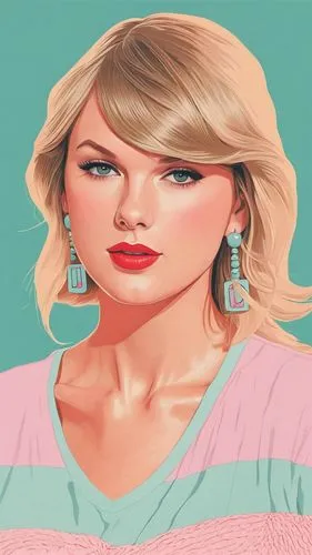 Taylor swift in cartoon with soft colors,the painting shows a blonde girl with blue and red earrings,swiftlet,modern pop art,pop art style,pop art background,fashion vector,pink vector,Illustration,Am