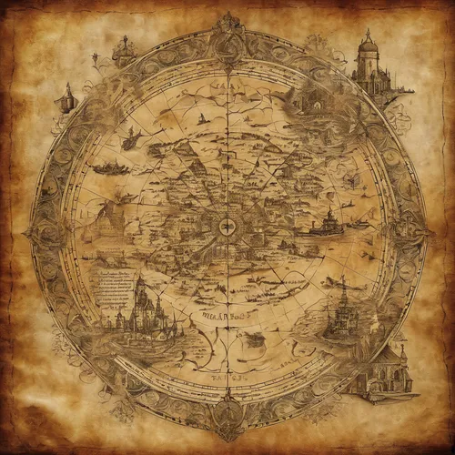 Imagine a treasure map drawn on aged parchment,old world map,planisphere,treasure map,harmonia macrocosmica,wind rose,compass rose,map icon,world map,copernican world system,world's map,cartography,dh