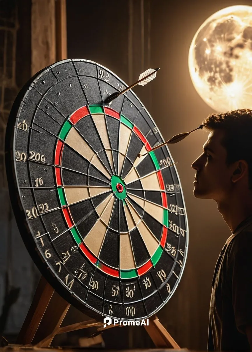 a young man aiming an arrow to the distant moon at night.,dart board,dartboard,winmau,darts,dartboards,ruleta,darting,bulls eye,prize wheel,bullseye,gioco,jeux,campionato,robinhood,roulette,mosconi,dr