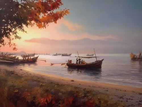 coastal landscape,fantasy landscape,sea landscape,boat landscape,autumn landscape,landscape background,beach landscape,autumn idyll,old wooden boat at sunrise,one autumn afternoon,autumn morning,fishing village,river landscape,an island far away landscape,fishing boats,autumn background,landscape with sea,autumn scenery,world digital painting,eventide,Illustration,Paper based,Paper Based 04