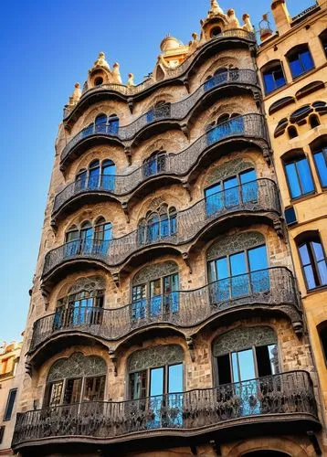 Barcelona, Spain, Gothic Quarter, ancient buildings, narrow streets, ornate facades, balconies with ironwork, ceramic tiles, mosaic patterns, Sagrada Familia, Antoni Gaudí, intricate stone carvings, g