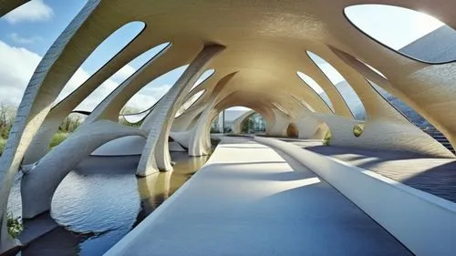 a large white bridge sitting next to water,falkirk wheel,niemeyer,futuroscope,tempodrom,calatrava,superadobe,Photography,General,Realistic