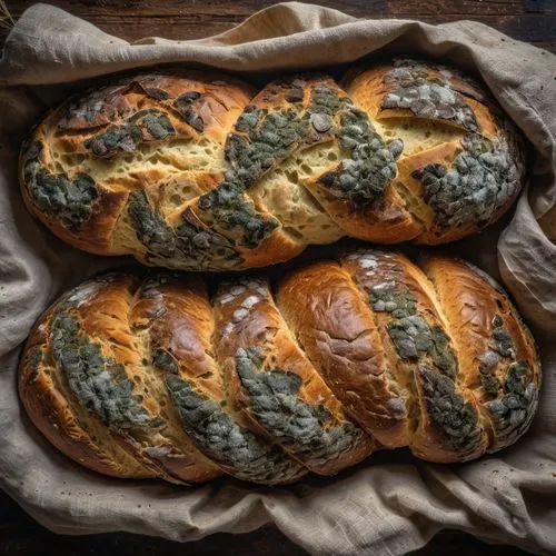 old bread overgrown with mould in the kitchen, excessive mould in various colors growing over the bread,fougasse,cress bread,napoli bread,focaccia,weisbrot,spanakopita,kanelbullar,finnish nut bread,fo