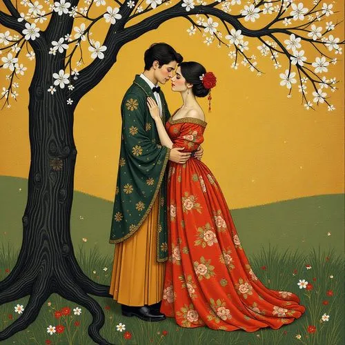 young couple,oriental painting,the plum flower,chuseok,geishas,plum blossoms,japanese art,arhats,apricot blossom,khokhloma painting,hanfu,hansung,ukiyoe,romantic scene,hanbok,yiping,the cherry blossoms,wenzhao,cherry blossom japanese,yanzhao