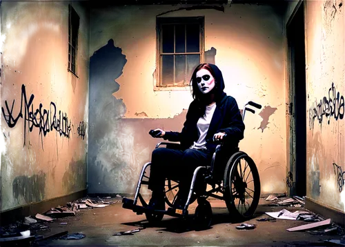 Dark atmosphere, horror theme, spooky abandoned asylum, eerie dim lighting, creepy old wheelchair, worn-out walls, peeling paint, broken windows, shattered glass, mysterious shadows, ghostly figure lu