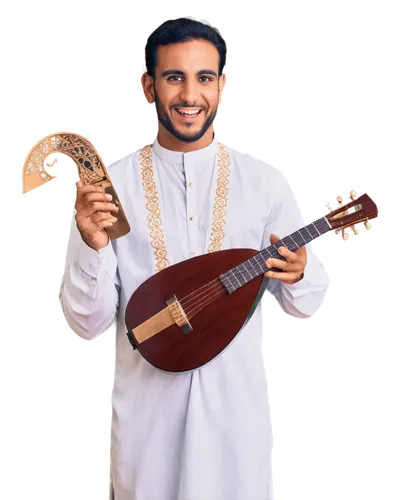 Eid Mubarak celebration, Arab man, traditional outfit, white thawb, golden embroidery, happy expression, holding oud, playing music, festive atmosphere, colorful lanterns, soft warm lighting, shallow 