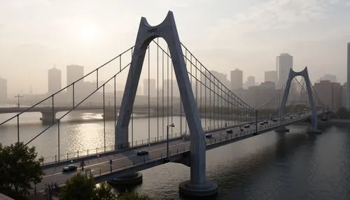 Futuristic bridge design, sleek steel arches, durable concrete pillars, sustainable composite materials, advanced fiber-reinforced polymers, high-strength cables, rust-resistant coatings, modern suspe