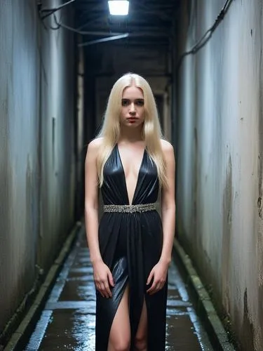 The picture shows a young woman with long, platinum blonde hair standing in a narrow, dark corridor or street. It is raining lightly, creating a gloomy, mysterious atmosphere. The woman is dressed mod