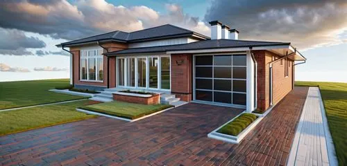 a modern one-story house with a garage, with different angles and perspectives:

1. A modern one-story house with an attached garage, brick veneer exterior in a red running bond pattern with visible b