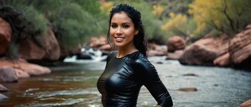 aboriginal australian,photo session in bodysuit,background bokeh,photographic background,aboriginal culture,digital compositing,canyoning,girl on the river,ebony,wetsuit,indian girl,indian woman,bokeh effect,landscape background,female model,photoshoot with water,image manipulation,pooja,3d background,photoshop manipulation,Photography,General,Cinematic