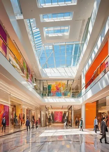 Modern minimalist shopping mall, sleek glass façade, angular lines, LED signage, automatic sliding doors, polished marble floor, high ceiling, elegant chandelier, staircases with metal railings, escal