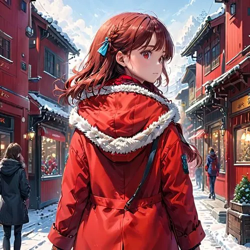 christmas snowy background,kumiko,christmas wallpaper,red coat,winter background,kouka,Anime,Anime,General