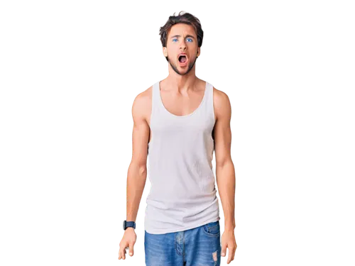 Young adult male, screaming, horrified facial expression, messy brown hair, blue eyes, sweaty skin, white tank top, ripped jeans, bare feet, standing, dynamic pose, intense lighting, shallow depth of 