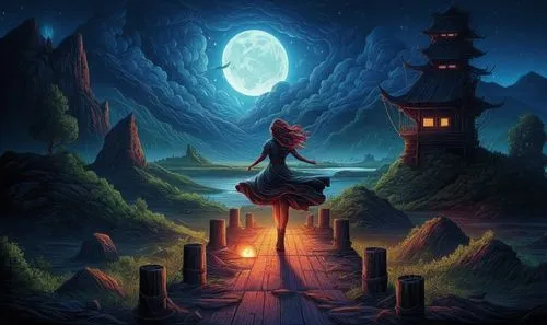 fantasy picture,witch's house,castlevania,fantasy landscape,fantasia,fairy chimney,oscura,beautiful wallpaper,fantasy art,game illustration,3d fantasy,cartoon video game background,world digital painting,fantasy world,orona,light of night,wishing well,moonlit night,fairy tale,halloween background,Illustration,Realistic Fantasy,Realistic Fantasy 25