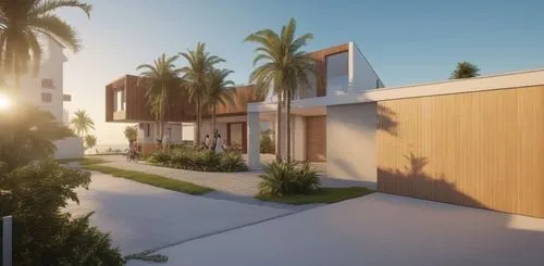 people walking on driveway, kids riding a bike, palm trees in garden, seagulls flying in sky, evening sky,3d rendering,modern house,render,fresnaye,townhomes,holiday villa,palm branches,landscape desi