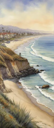 beach landscape,coastal landscape,carlsbad,laguna beach,pacific coastline,half moon bay,beach scenery,sunset cliffs,newport beach,carmel by the sea,aptos,sand coast,cliff beach,spyglass,sunrise beach,santa cruz,coastline,pigeon point,pismo beach,ventura,Illustration,Realistic Fantasy,Realistic Fantasy 14