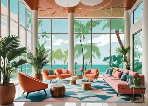 tropical house,tropicana,hotel riviera,hotel lobby,miami,mid century modern,cabana,breakfast room,resort,paradisus,tropics,lounges,sunroom,midcentury,south beach,beach resort,hkmiami,bahama,palms,tropicale,Illustration,Vector,Vector 01