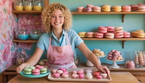 Quinn Pie, cute pastry chef, 18yo, blonde curly hair, bright blue eyes, freckles on cheeks, sweet smile, white apron, pink tutu, holding a tray of colorful macarons, standing in front of a cozy bakery