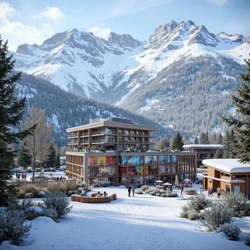 Snow-capped mountain peaks, frosty pine trees, snowy terrain, modern ski center architecture, sleek metallic facades, angular lines, minimalist design, energy-efficient systems, solar panels, wind tur