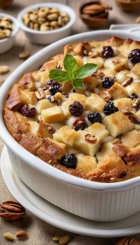 a white dish with fruit in it and nuts,clafoutis,clafouti,bread pudding,almond cake,plum cake,frangipane,Photography,General,Realistic