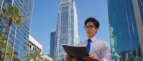 Modern architect, male, 30s, glasses, short hair, blue shirt, black tie, dark gray pants, leather shoes, holding blueprints, standing, Orlando FL, downtown, skyscraper, glass and steel building, sunny