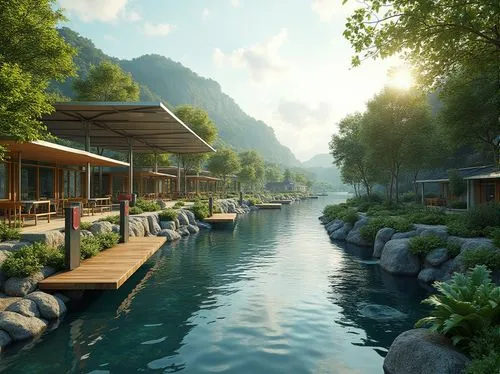 amanresorts,floating huts,3d rendering,render,houseboats,shangrila,shaoming,tailandia,shangri,lefay,southeast asia,resort,house by the water,over water bungalows,thailands,renderings,danyang eight scenic,river side,waterside,hushan,Photography,General,Realistic