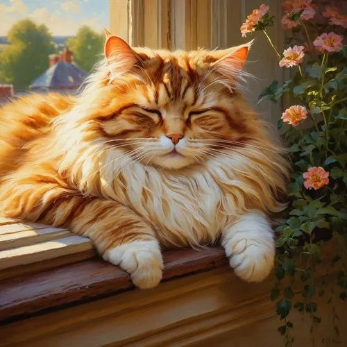 cat sleeping on windowsill. victorian, beautiful, plussize, long_wavy_hair, golden hour, young, lace, light_brown_hair, flower, masterpiece, warm colors, summer, oil painting by James Gurney,a cat tha