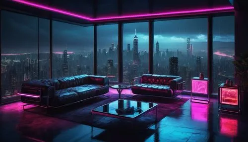 Cyberpunk, futuristic, high-tech, dimly lit, neon lights, holographic displays, sleek metal furniture, leather sofa, chrome coffee table, glass partitions, minimalist decor, cityscape view, skyscraper