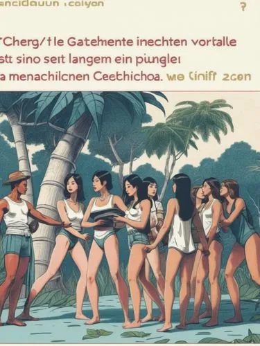 Line drawing of a gathering of people in the jungle,a poster with girls in the same group,lachapelle,chordettes,charfreitag,reichle,illustrierte,charlotteville,Illustration,Vector,Vector 03