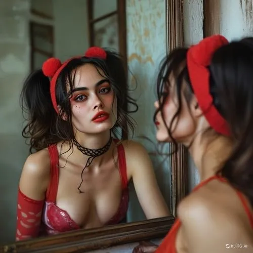 naked skin,an artistic pograph of a girl in lingerie looking at her own reflection,red bow,doll looking in mirror,red lipstick,lali,in the mirror,mirror,red double,red lips,vermelho,minnie mouse,xcx,v