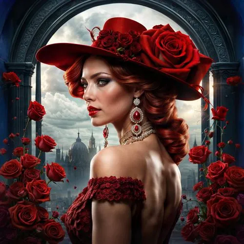 red roses,red rose,fantasy portrait,flamenca,way of the roses,fantasy art,disney rose,lady in red,scent of roses,habanera,romantic rose,victoriana,fantasy picture,principessa,romantic portrait,viveros