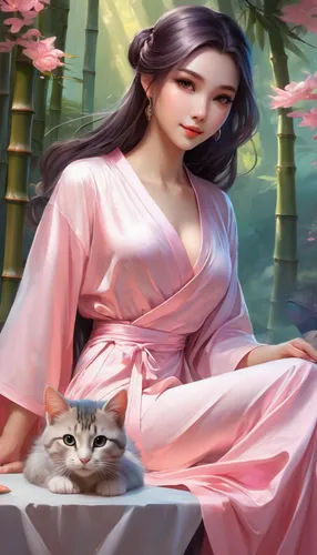 a woman sitting on a table with a cat, artwork in the style of guweiz, of bamboo, artgerm lau, pixiv, painting of, pastel pink robes, a potrait of a beautiful, year 2 8 6 6, artgerm style, a painting 