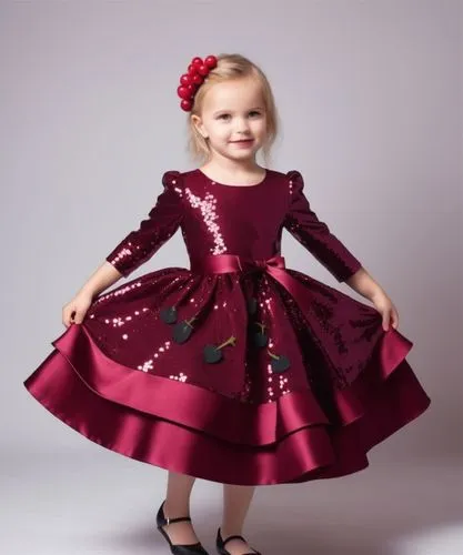 3d drawing of sequin satin dress with dark burgundy very little cherries with three layers kalosh 
First layer is sequin pink with  dark sequins burgundy little cherries with sequin branches of cherri