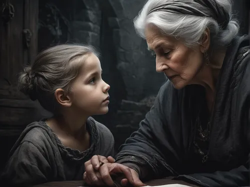 grandmother,little girl and mother,grandchild,care for the elderly,nanny,candlemas,granddaughter,grandparent,old woman,mother and daughter,grandma,grandchildren,capricorn mother and child,elder,carmelite order,old age,elderly lady,grama,gothic portrait,praying woman,Conceptual Art,Fantasy,Fantasy 34