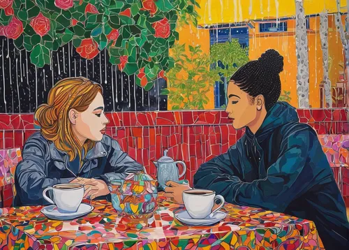 women at cafe,woman at cafe,breakfast table,woman drinking coffee,the coffee shop,conversation,watercolor cafe,oil on canvas,tea drinking,afternoon tea,two girls,coffee shop,coffee tea illustration,tablecloth,tea party,bowl of fruit in rain,girl talk,oil painting on canvas,tea time,café,Illustration,Abstract Fantasy,Abstract Fantasy 08